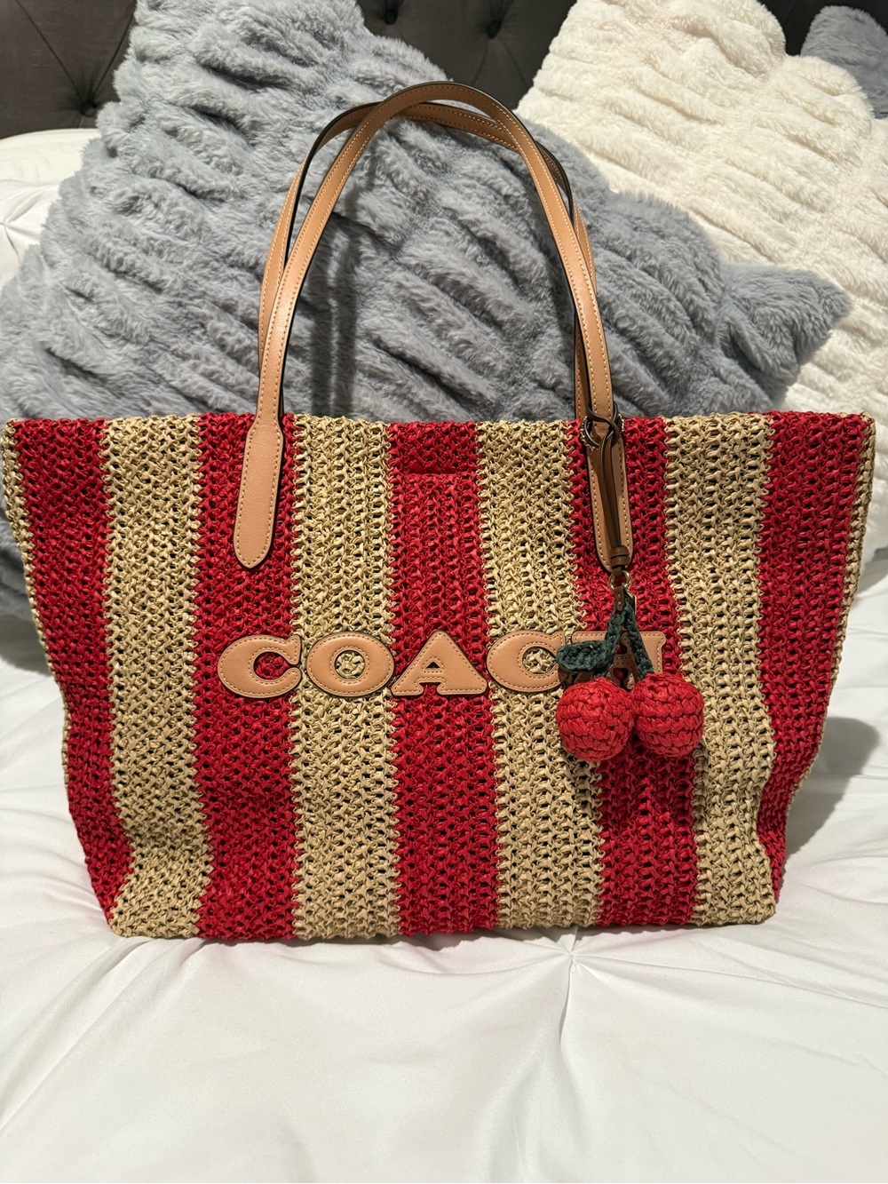 COACH Red & Natural Striped Straw Tote with Cherry Charm
